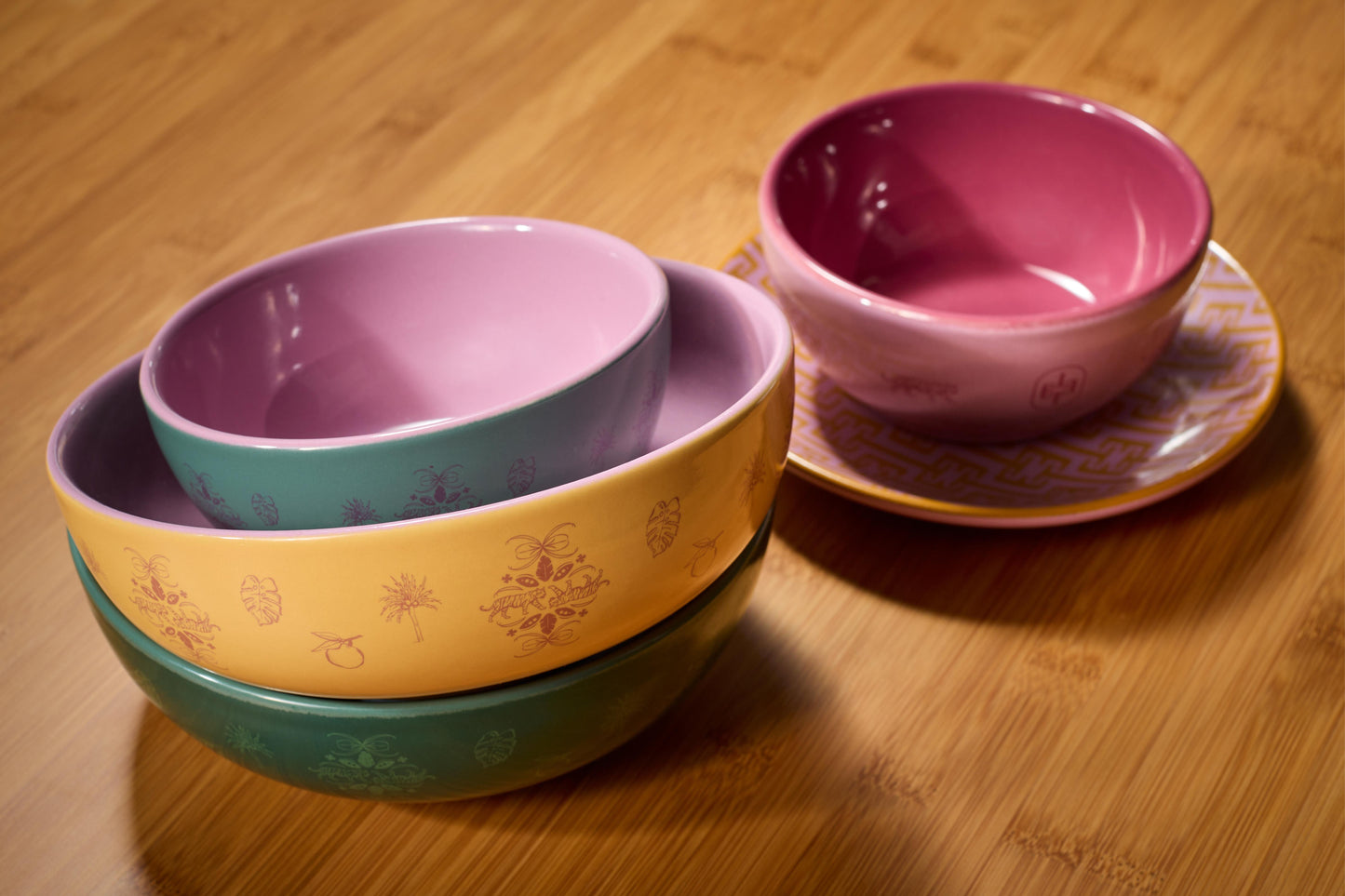 Small Bowl Set of 4. Monogram Lavender & Magenta.